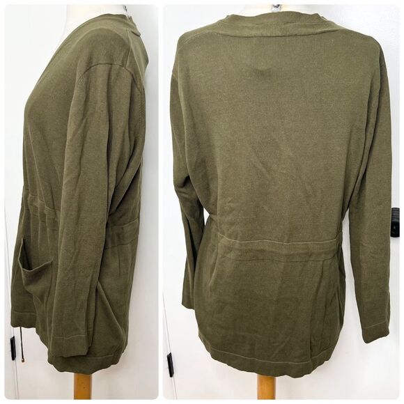 Liz Claiborne Olive Green Zip Utility Boyfriend Cardigan Sweater Cotton - Picture 2 of 4
